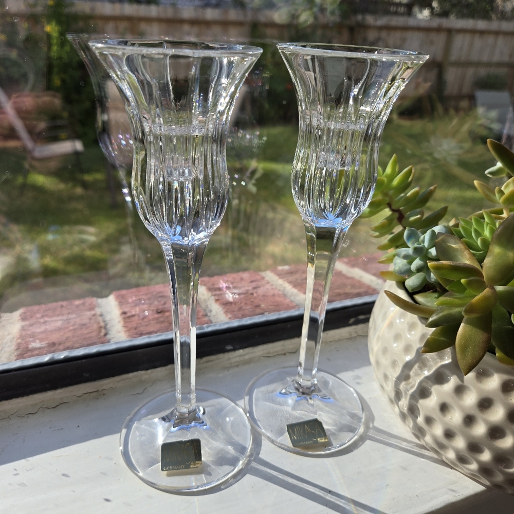Mikasa Crystal Icicles Pattern Germany 8" Taper Candlestick Holders set of 2